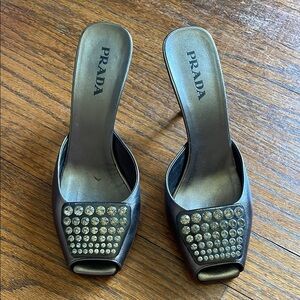 Prada Gray Metallic Crystal-Studded Heels